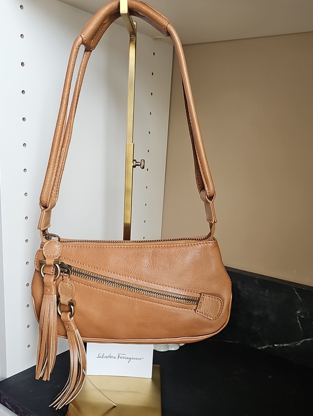 Salvatore Ferragamo Cognac Leather Shoulder Bag with Tassel(authenticated)